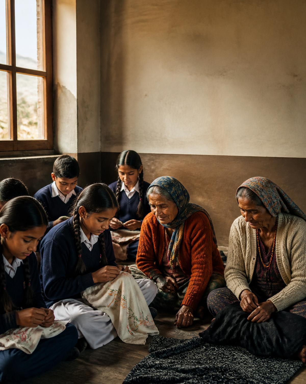 Elders and students together in a community learning session in the Uttarakhand foothills